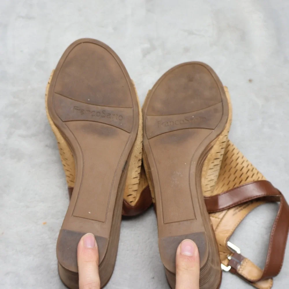 Franco Sarto Womens 7M Martha Sandals Brown Wedge Leather Laser Cut Suede‎ Boho